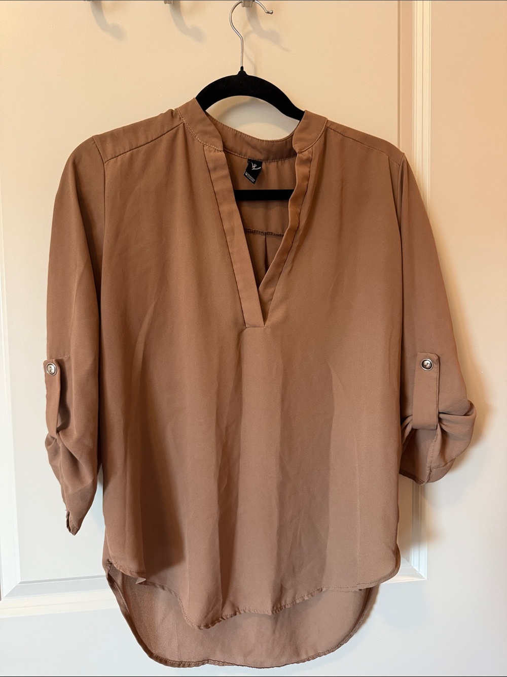 Windsor Tan V-Neck Roll-Tab Sleeve Tunic